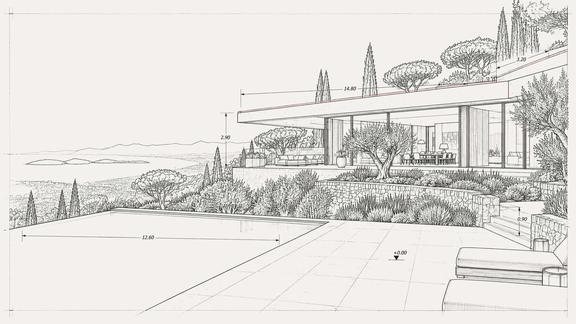 Dessin technique coté d’une villa contemporaine avec piscine à débordement.