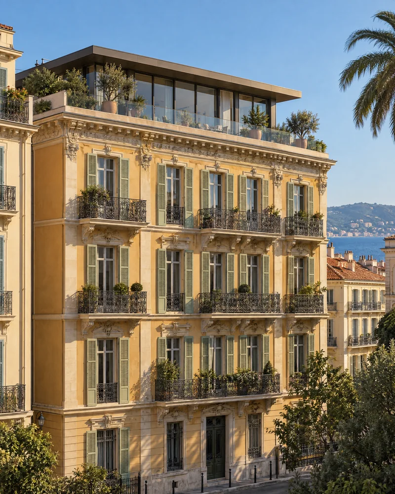 Immeuble niçois de style Belle Époque surmonté d’un étage contemporain vitré.